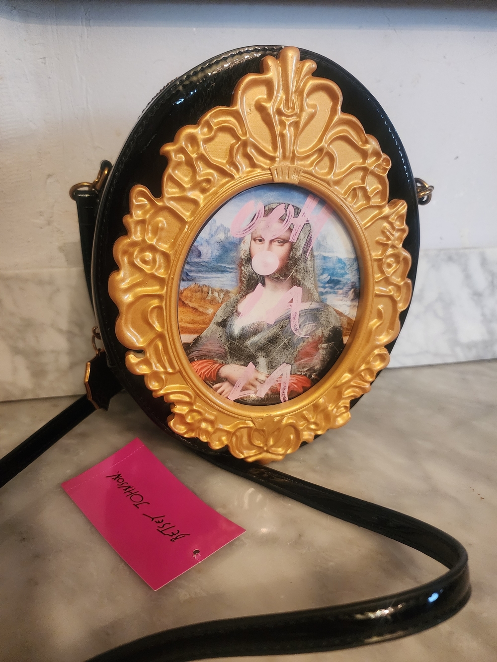 Betsey Johnson Novelty Black Crossbody Bag with Decorative Gold Frame